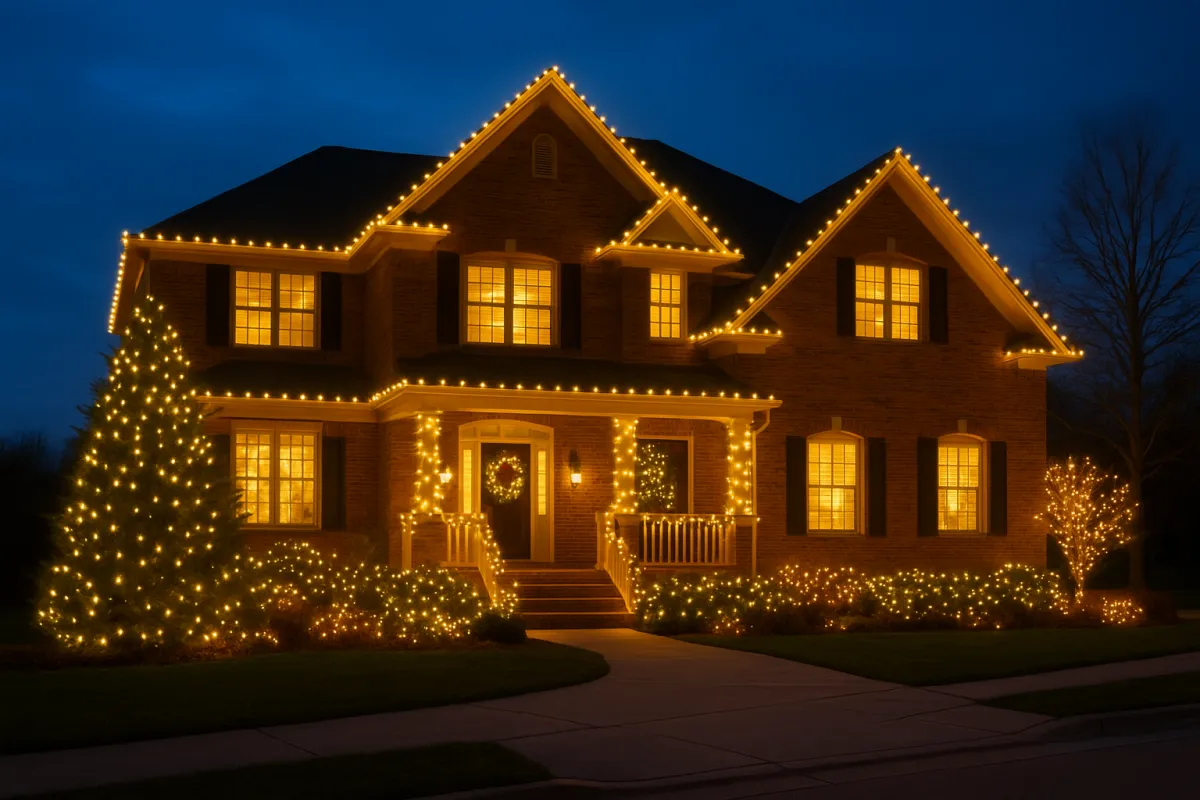 Custom roofline Christmas light installation on a large home
