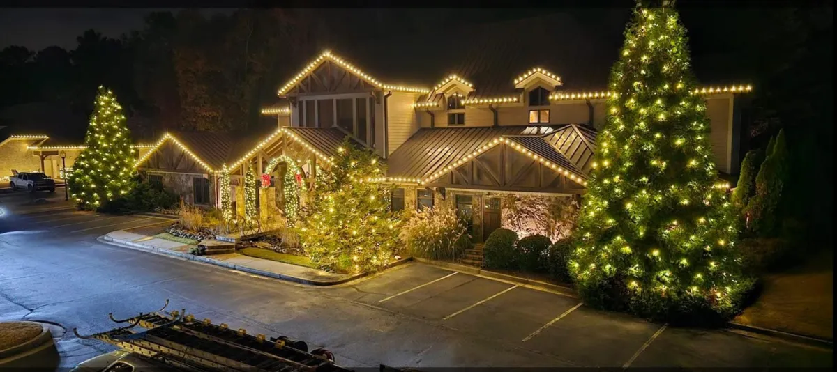 Commercial property holiday lighting with lit trees