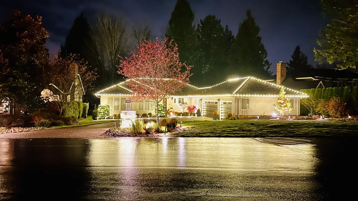 Home decorated with colorful holiday lights